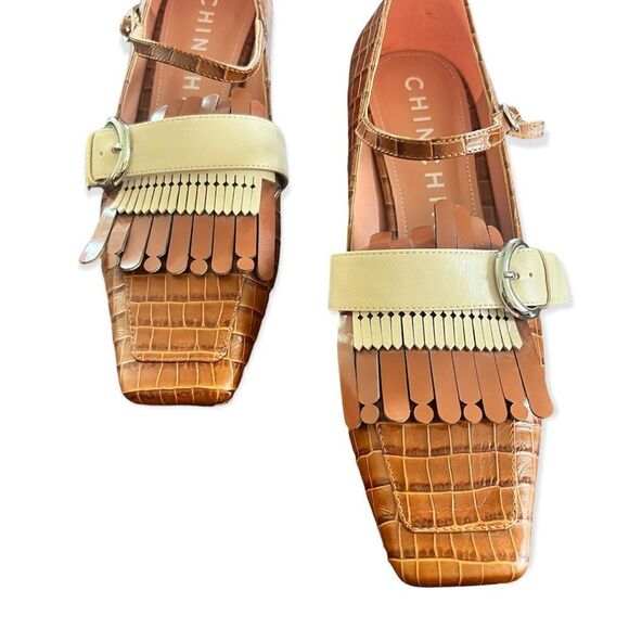 CHIN CHIN Designer Crocodile Print Square Toe Leather Fringe Heeled Loafers - Picture 4 of 15